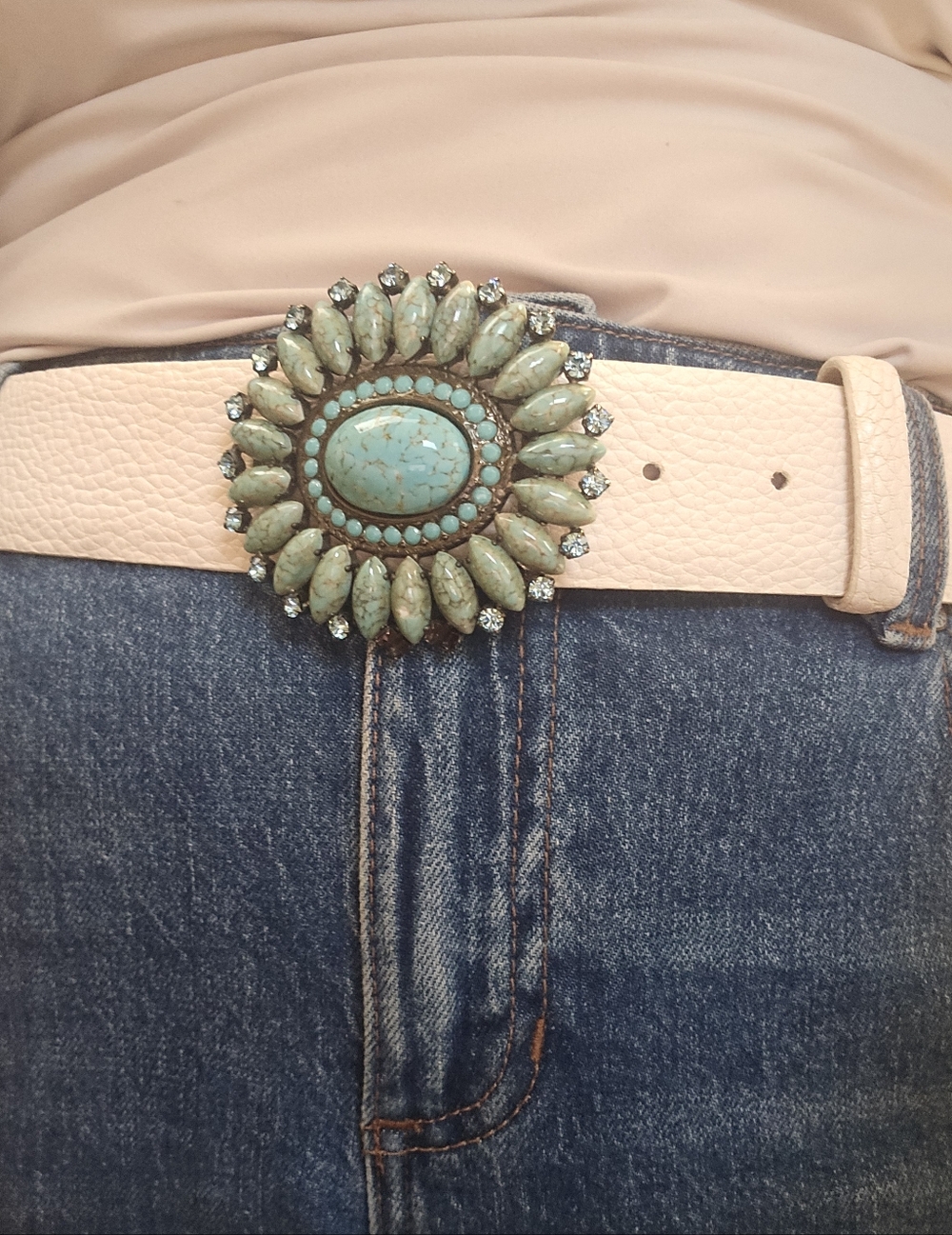 Leather Belt White Leather, Turquoise Stones Buckle